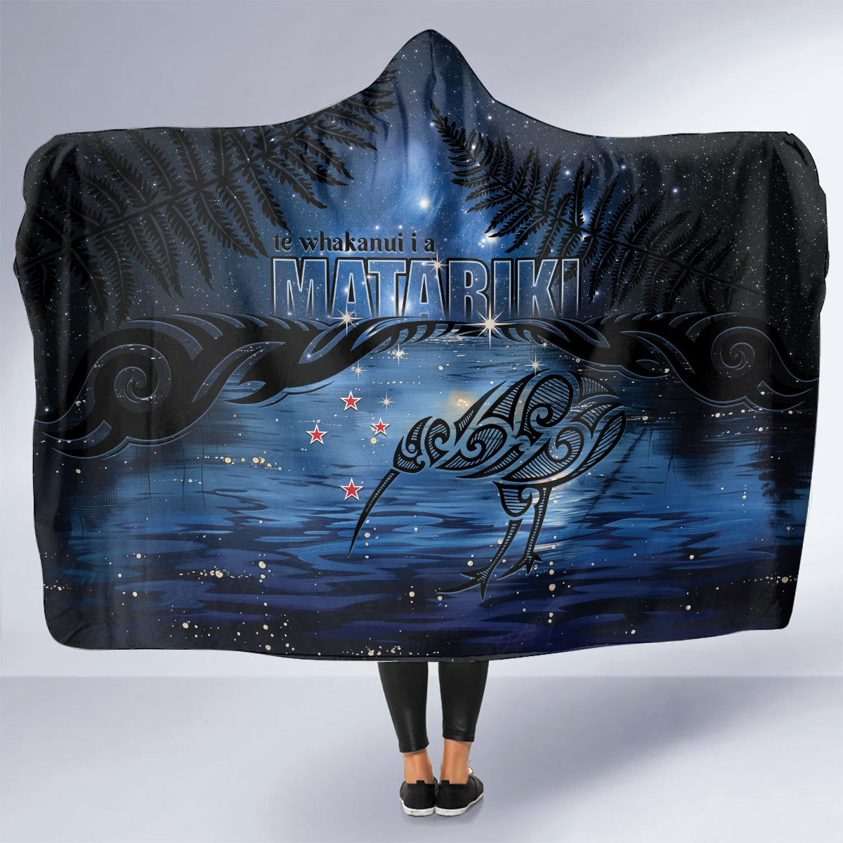 Matariki Kiwi Hooded Blanket Silver Fern