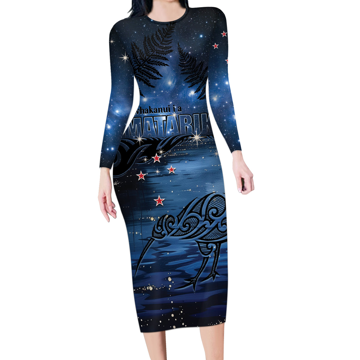 Personalised Matariki Kiwi Long Sleeve Bodycon Dress Silver Fern LT01 Long Dress Black - Polynesian Pride