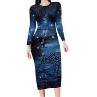 Personalised Matariki Kiwi Long Sleeve Bodycon Dress Silver Fern LT01 Long Dress Black - Polynesian Pride