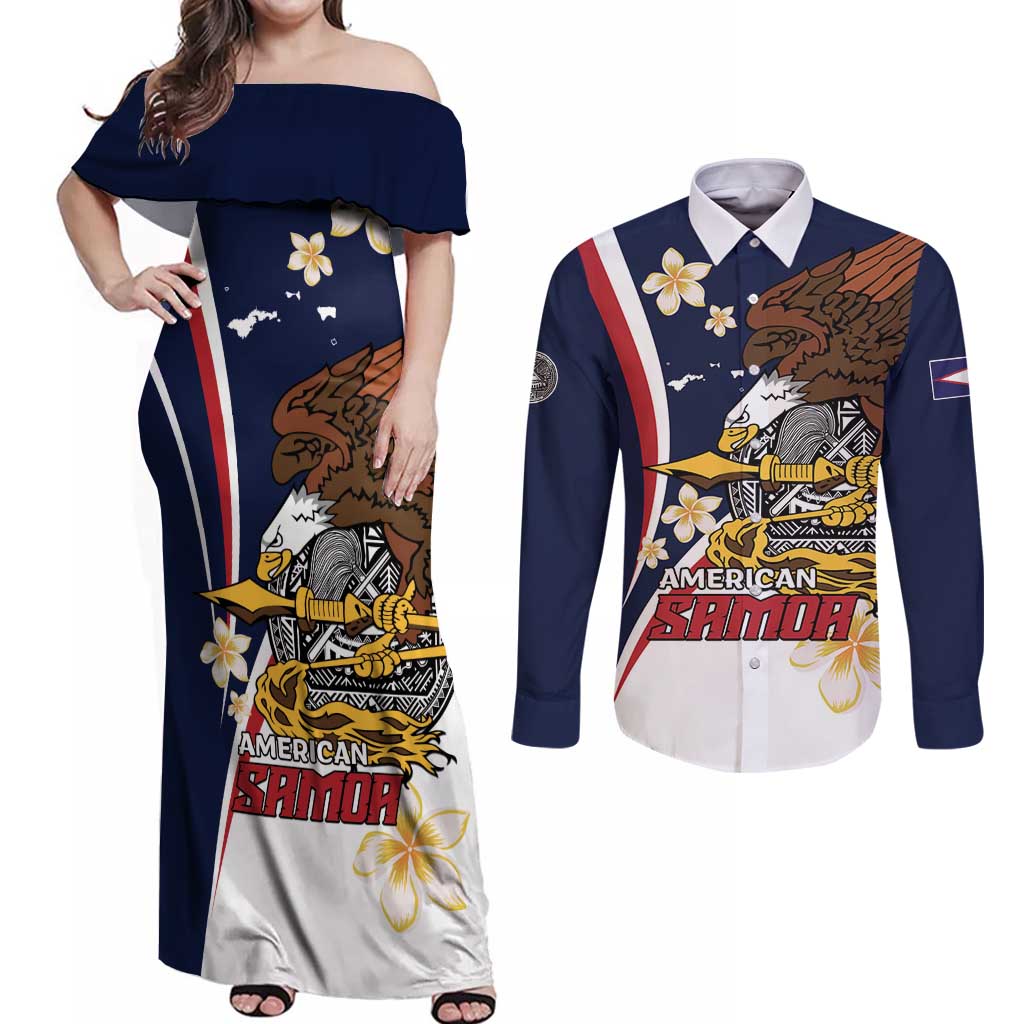 Personalized American Samoa Couples Matching Off Shoulder Maxi Dress and Long Sleeve Button Shirt Amerika Samoa Bald Eagle