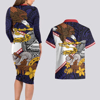 American Samoa Eagle Kava Bowl Couples Matching Long Sleeve Bodycon Dress and Hawaiian Shirt Plumeria Polynesian Pattern