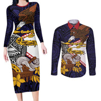 American Samoa Eagle Kava Bowl Couples Matching Long Sleeve Bodycon Dress and Long Sleeve Button Shirt Plumeria Polynesian Pattern