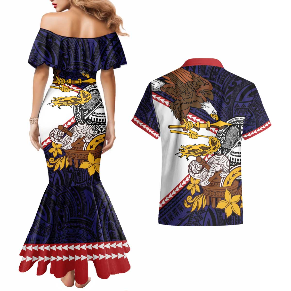 American Samoa Eagle Kava Bowl Couples Matching Mermaid Dress and Hawaiian Shirt Plumeria Polynesian Pattern