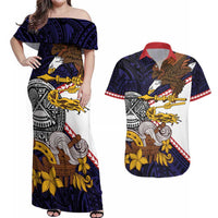 American Samoa Eagle Kava Bowl Couples Matching Off Shoulder Maxi Dress and Hawaiian Shirt Plumeria Polynesian Pattern