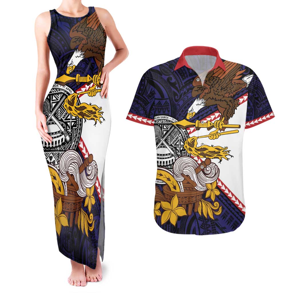 American Samoa Eagle Kava Bowl Couples Matching Tank Maxi Dress and Hawaiian Shirt Plumeria Polynesian Pattern
