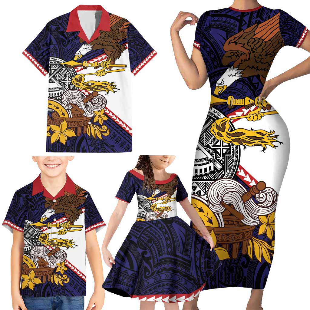 American Samoa Eagle Kava Bowl Family Matching Short Sleeve Bodycon Dress and Hawaiian Shirt Plumeria Polynesian Pattern