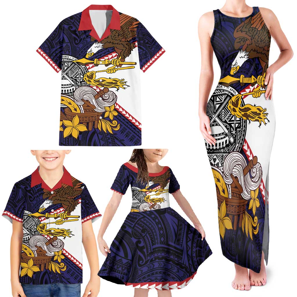 American Samoa Eagle Kava Bowl Family Matching Tank Maxi Dress and Hawaiian Shirt Plumeria Polynesian Pattern