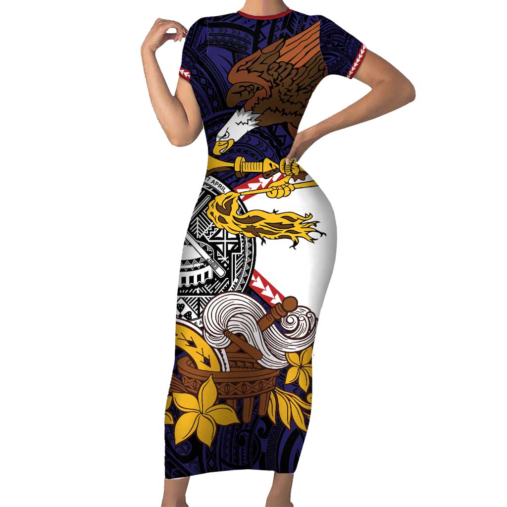 American Samoa Eagle Kava Bowl Short Sleeve Bodycon Dress Plumeria Polynesian Pattern