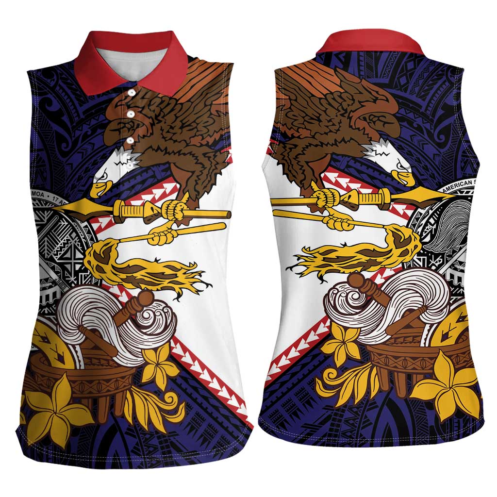 American Samoa Eagle Kava Bowl Women Sleeveless Polo Shirt Plumeria Polynesian Pattern