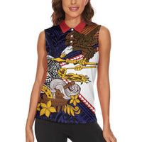 American Samoa Eagle Kava Bowl Women Sleeveless Polo Shirt Plumeria Polynesian Pattern