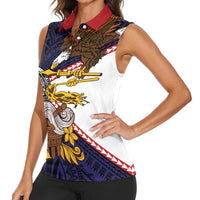 American Samoa Eagle Kava Bowl Women Sleeveless Polo Shirt Plumeria Polynesian Pattern