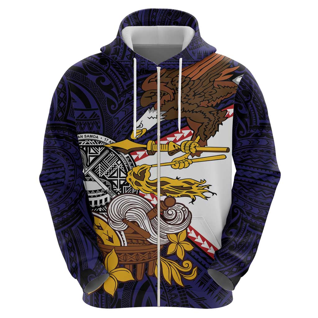 American Samoa Eagle Kava Bowl Zip Hoodie Plumeria Polynesian Pattern