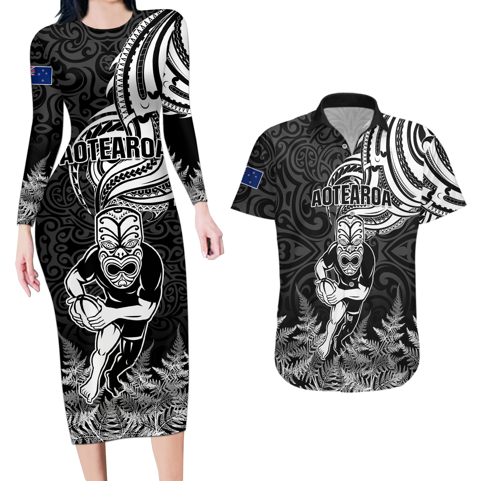 New Zealand Silver Fern Rugby Couples Matching Long Sleeve Bodycon Dress and Hawaiian Shirt Maori Tiki Player With Ta Moko Tribal LT01 Black - Polynesian Pride