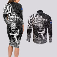 New Zealand Silver Fern Rugby Couples Matching Long Sleeve Bodycon Dress and Long Sleeve Button Shirts Maori Tiki Player With Ta Moko Tribal LT01 - Polynesian Pride