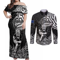 New Zealand Silver Fern Rugby Couples Matching Off Shoulder Maxi Dress and Long Sleeve Button Shirts Maori Tiki Player With Ta Moko Tribal LT01 Black - Polynesian Pride