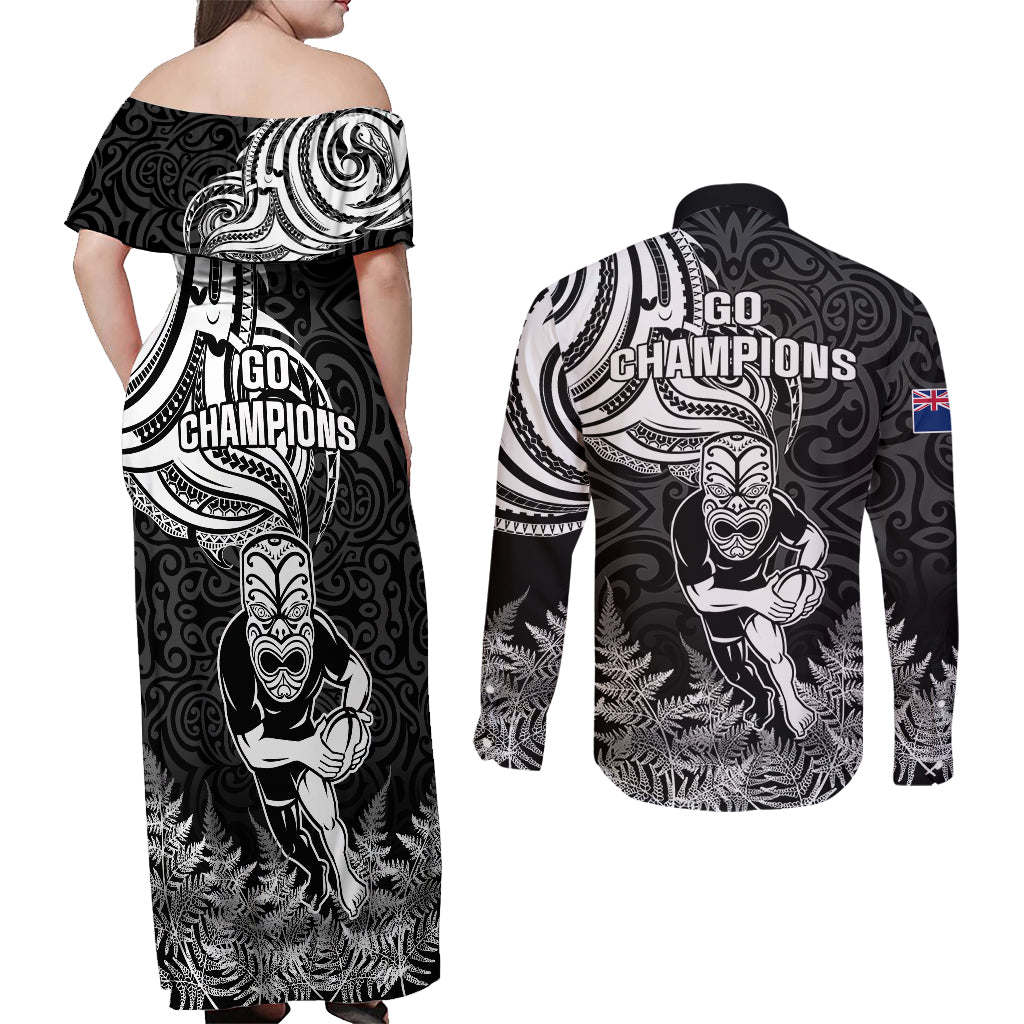 New Zealand Silver Fern Rugby Couples Matching Off Shoulder Maxi Dress and Long Sleeve Button Shirts Maori Tiki Player With Ta Moko Tribal LT01 - Polynesian Pride