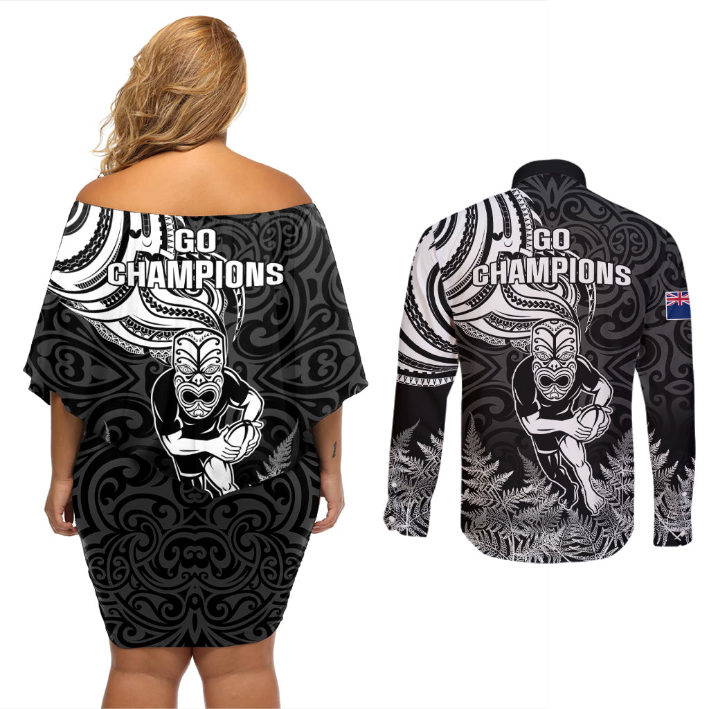 New Zealand Silver Fern Rugby Couples Matching Off Shoulder Short Dress and Long Sleeve Button Shirts Maori Tiki Player With Ta Moko Tribal LT01 - Polynesian Pride