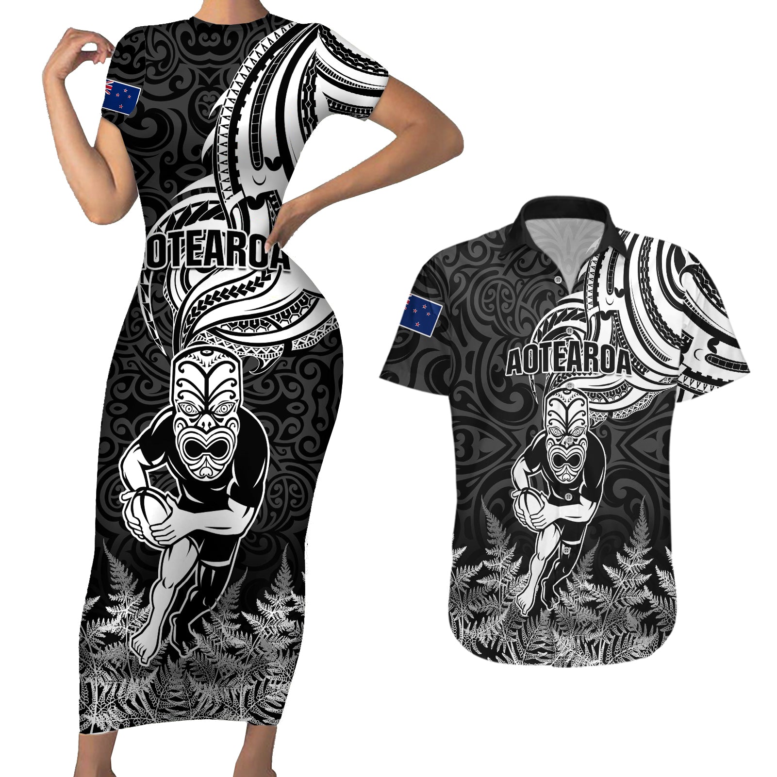 New Zealand Silver Fern Rugby Couples Matching Short Sleeve Bodycon Dress and Hawaiian Shirt Maori Tiki Player With Ta Moko Tribal LT01 Black - Polynesian Pride