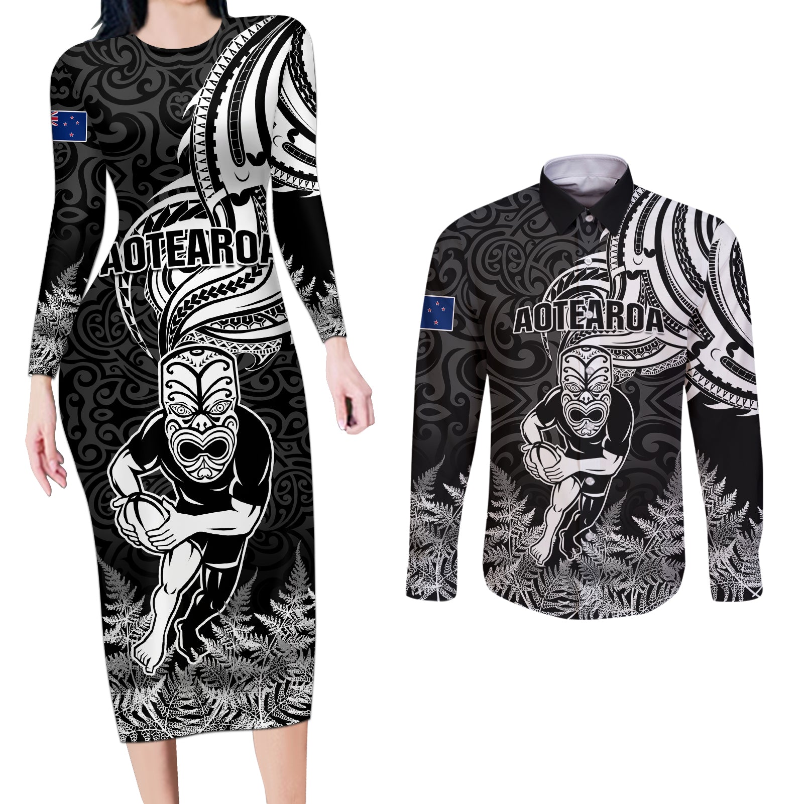 Custom New Zealand Silver Fern Rugby Couples Matching Long Sleeve Bodycon Dress and Long Sleeve Button Shirts Maori Tiki Player With Ta Moko Tribal LT01 Black - Polynesian Pride