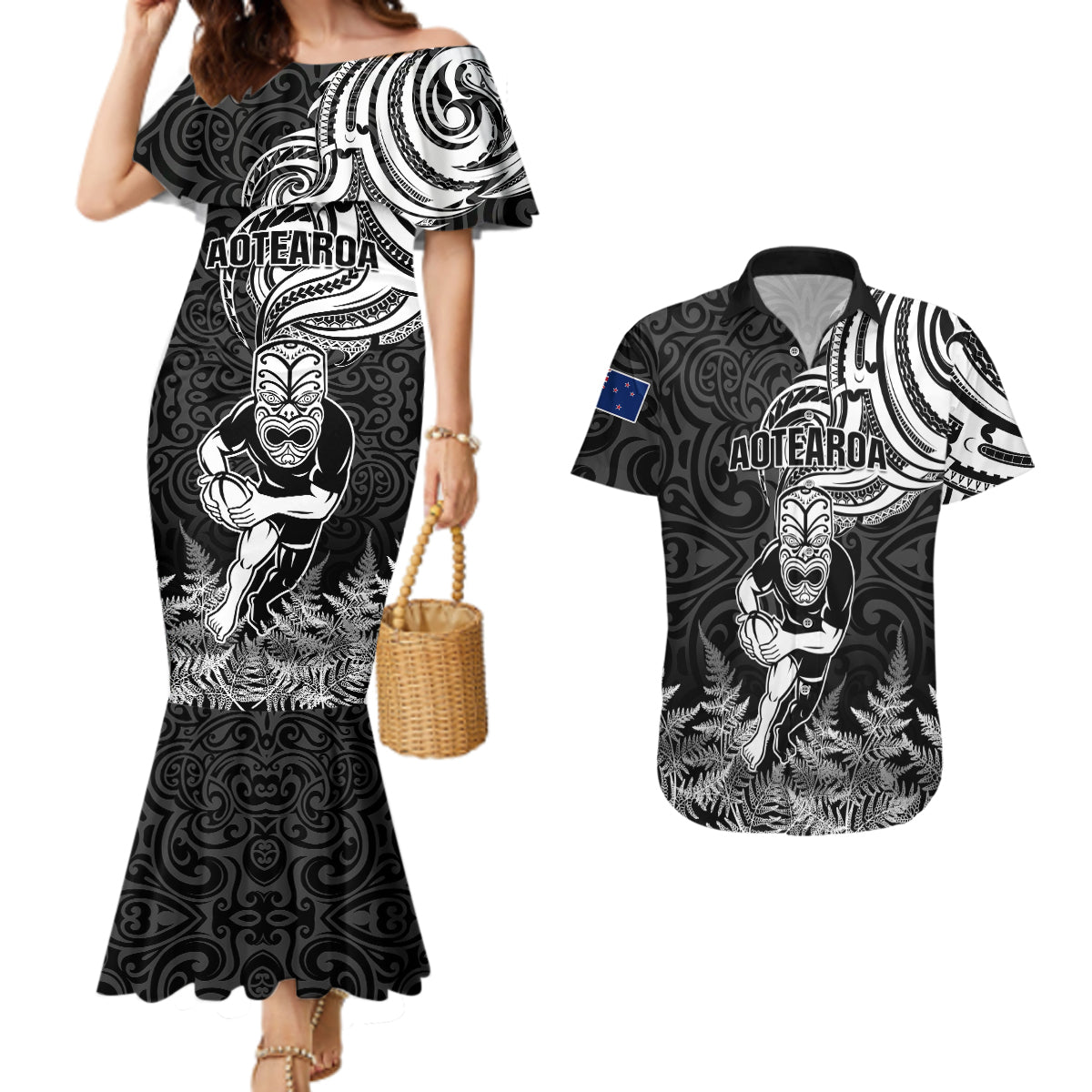 Custom New Zealand Silver Fern Rugby Couples Matching Mermaid Dress and Hawaiian Shirt Maori Tiki Player With Ta Moko Tribal LT01 Black - Polynesian Pride