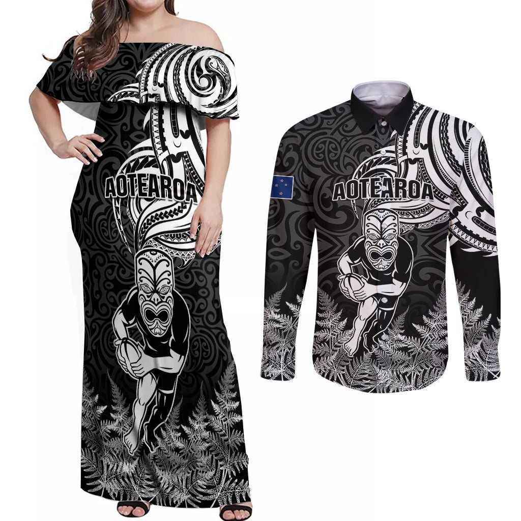 Custom New Zealand Silver Fern Rugby Couples Matching Off Shoulder Maxi Dress and Long Sleeve Button Shirts Maori Tiki Player With Ta Moko Tribal LT01 Black - Polynesian Pride