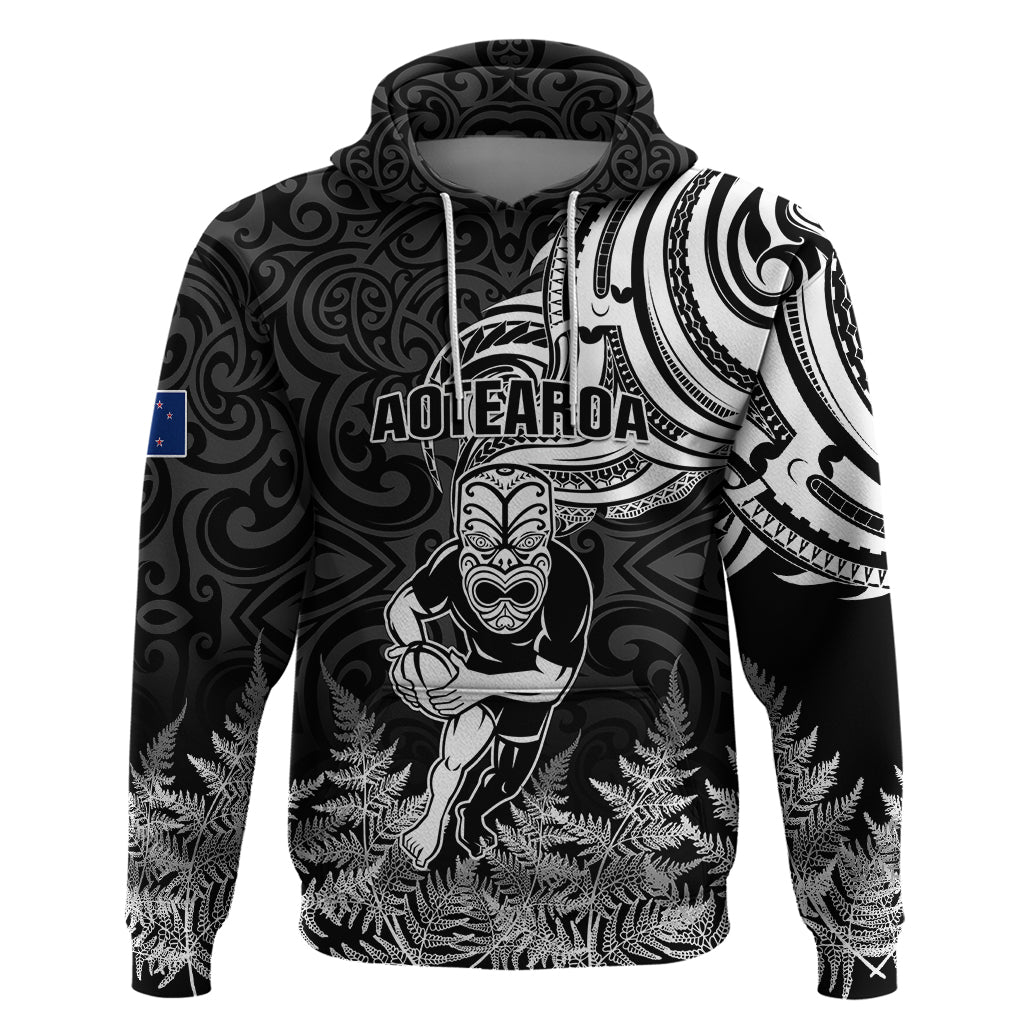 Custom New Zealand Silver Fern Rugby Hoodie Maori Tiki Player With Ta Moko Tribal LT01 Pullover Hoodie Black - Polynesian Pride