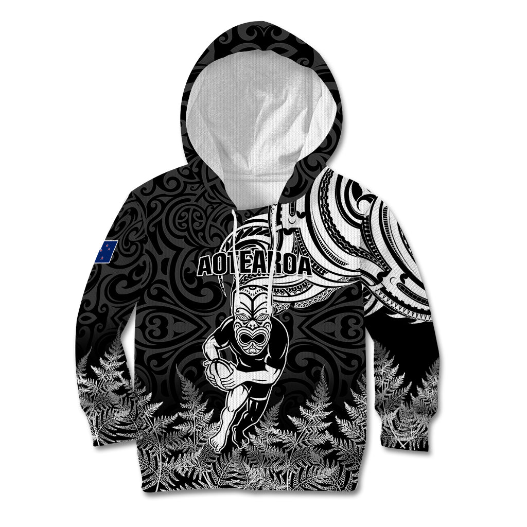 Custom New Zealand Silver Fern Rugby Kid Hoodie Maori Tiki Player With Ta Moko Tribal LT01 Black - Polynesian Pride