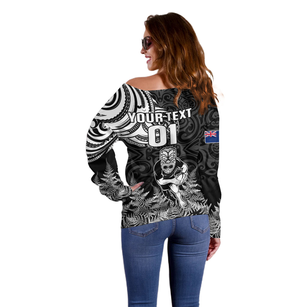 Custom New Zealand Silver Fern Rugby Off Shoulder Sweater Maori Tiki Player With Ta Moko Tribal LT01 - Polynesian Pride