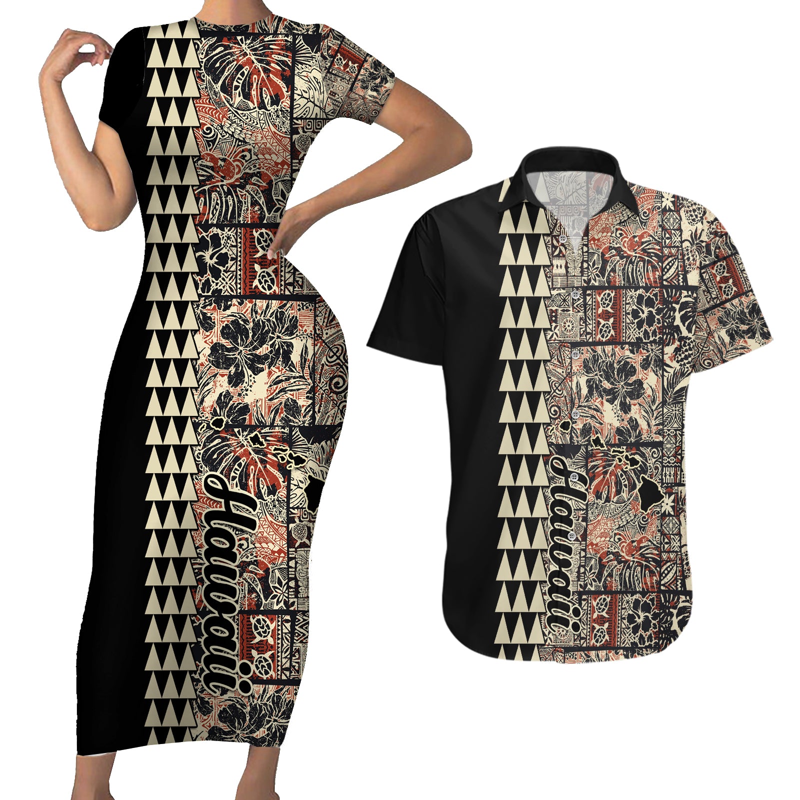 Hawaiian Quilt Couples Matching Short Sleeve Bodycon Dress and Hawaiian Shirt Hibiscus Kakau Vintage Style LT01 Beige - Polynesian Pride