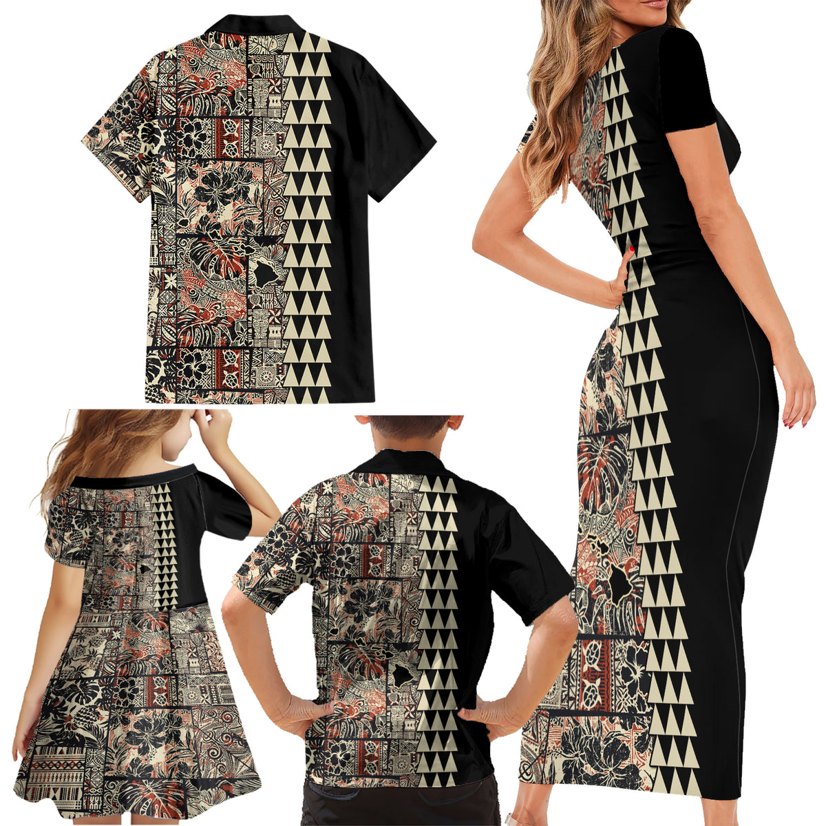 Hawaiian Quilt Family Matching Short Sleeve Bodycon Dress and Hawaiian Shirt Hibiscus Kakau Vintage Style LT01 - Polynesian Pride