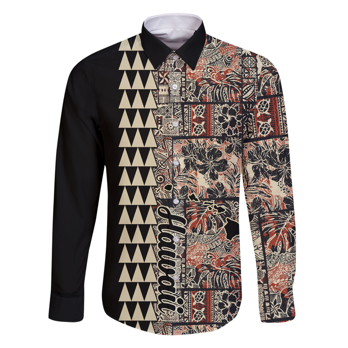 Hawaiian Quilt Family Matching Summer Maxi Dress and Hawaiian Shirt Hibiscus Kakau Vintage Style LT01 Dad's Shirt - Long Sleeve Beige - Polynesian Pride