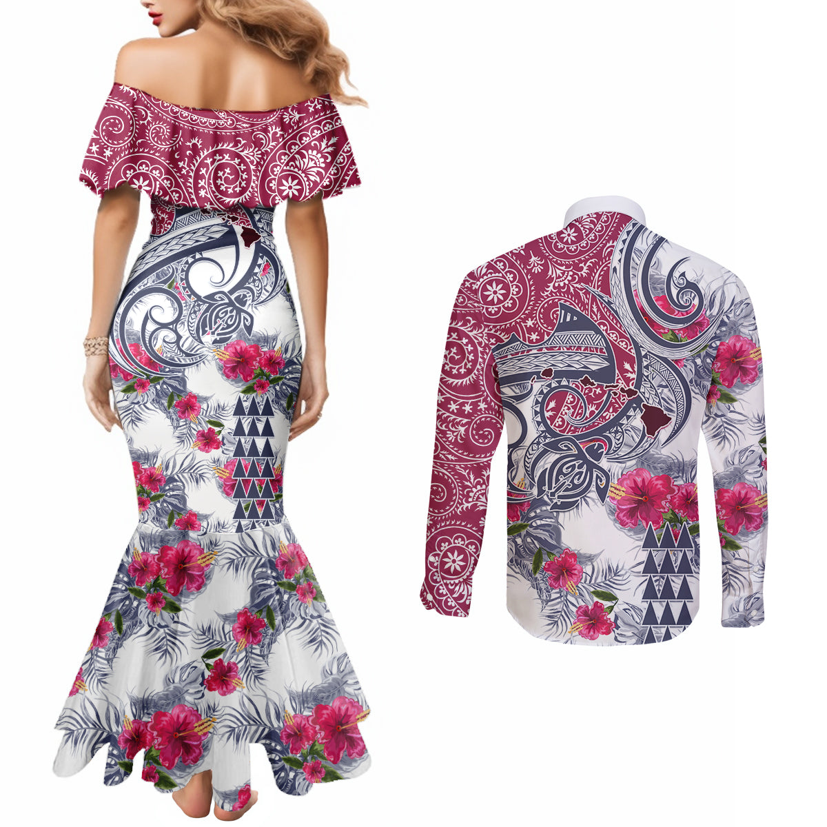 Hawaii Kakau Mix Paisley Pattern Couples Matching Mermaid Dress and Long Sleeve Button Shirt Polynesian Tropical Unique Style LT01 - Polynesian Pride