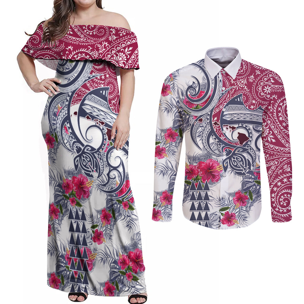 Hawaii Kakau Mix Paisley Pattern Couples Matching Off Shoulder Maxi Dress and Long Sleeve Button Shirt Polynesian Tropical Unique Style LT01 White - Polynesian Pride