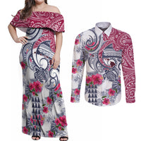 Hawaii Kakau Mix Paisley Pattern Couples Matching Off Shoulder Maxi Dress and Long Sleeve Button Shirt Polynesian Tropical Unique Style LT01 White - Polynesian Pride