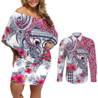 Hawaii Kakau Mix Paisley Pattern Couples Matching Off Shoulder Short Dress and Long Sleeve Button Shirt Polynesian Tropical Unique Style LT01 White - Polynesian Pride