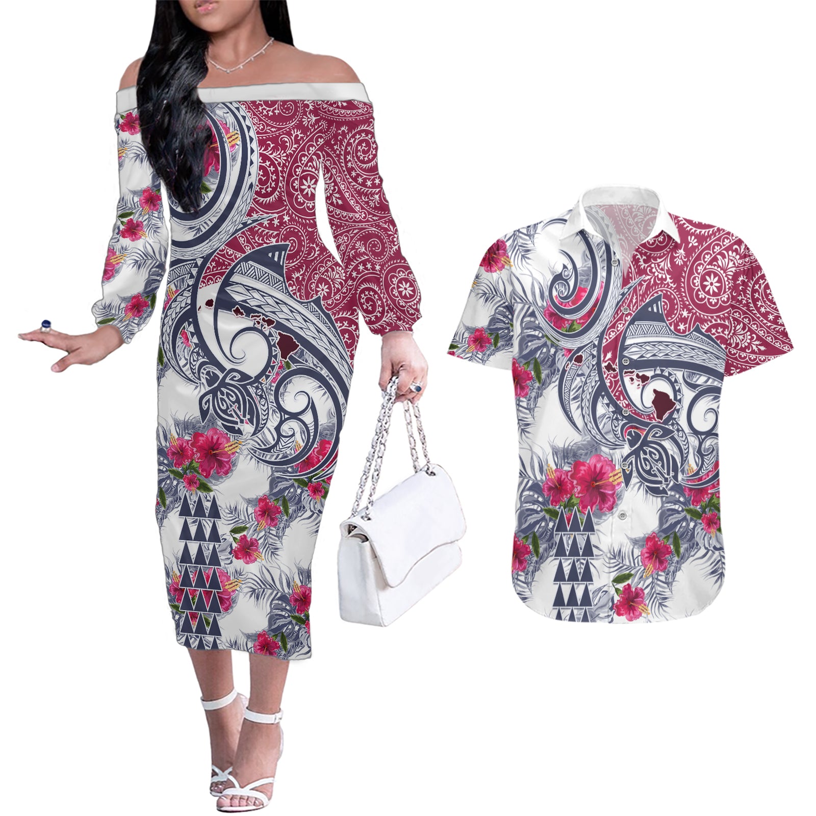 Hawaii Kakau Mix Paisley Pattern Couples Matching Off The Shoulder Long Sleeve Dress and Hawaiian Shirt Polynesian Tropical Unique Style LT01 White - Polynesian Pride