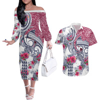 Hawaii Kakau Mix Paisley Pattern Couples Matching Off The Shoulder Long Sleeve Dress and Hawaiian Shirt Polynesian Tropical Unique Style LT01 White - Polynesian Pride