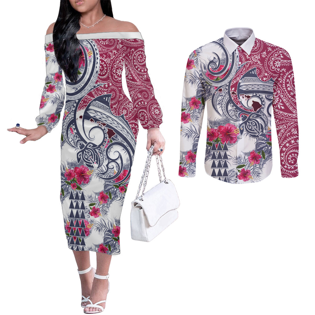 Hawaii Kakau Mix Paisley Pattern Couples Matching Off The Shoulder Long Sleeve Dress and Long Sleeve Button Shirt Polynesian Tropical Unique Style LT01 White - Polynesian Pride