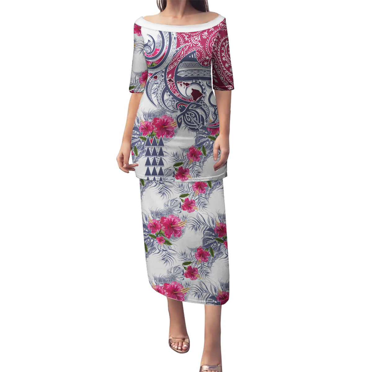 Hawaii Kakau Mix Paisley Pattern Family Matching Puletasi Dress and Hawaiian Shirt Polynesian Tropical Unique Style LT01 Mom's Dress White - Polynesian Pride