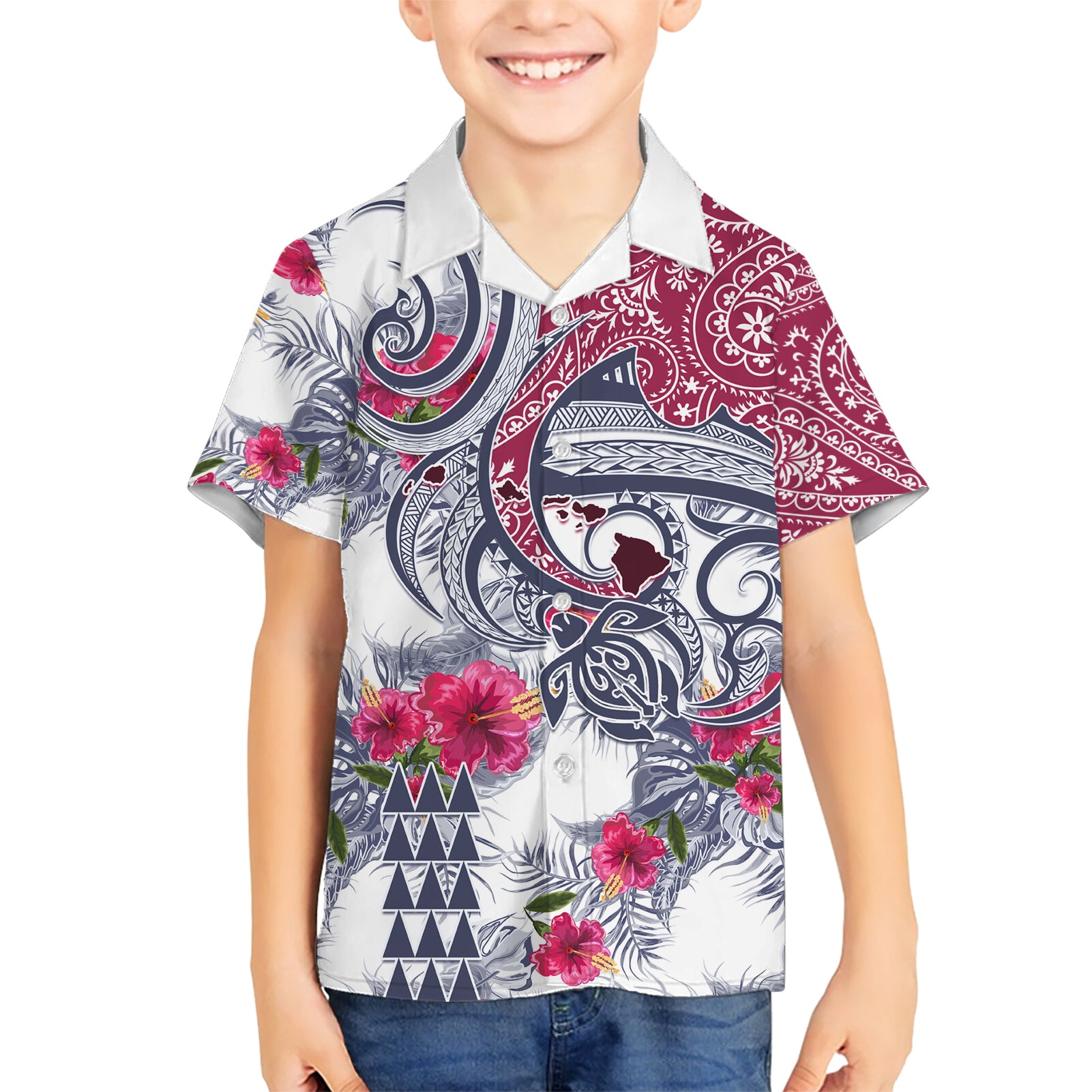 Hawaii Kakau Mix Paisley Pattern Kid Hawaiian Shirt Polynesian Tropical Unique Style LT01 Kid White - Polynesian Pride