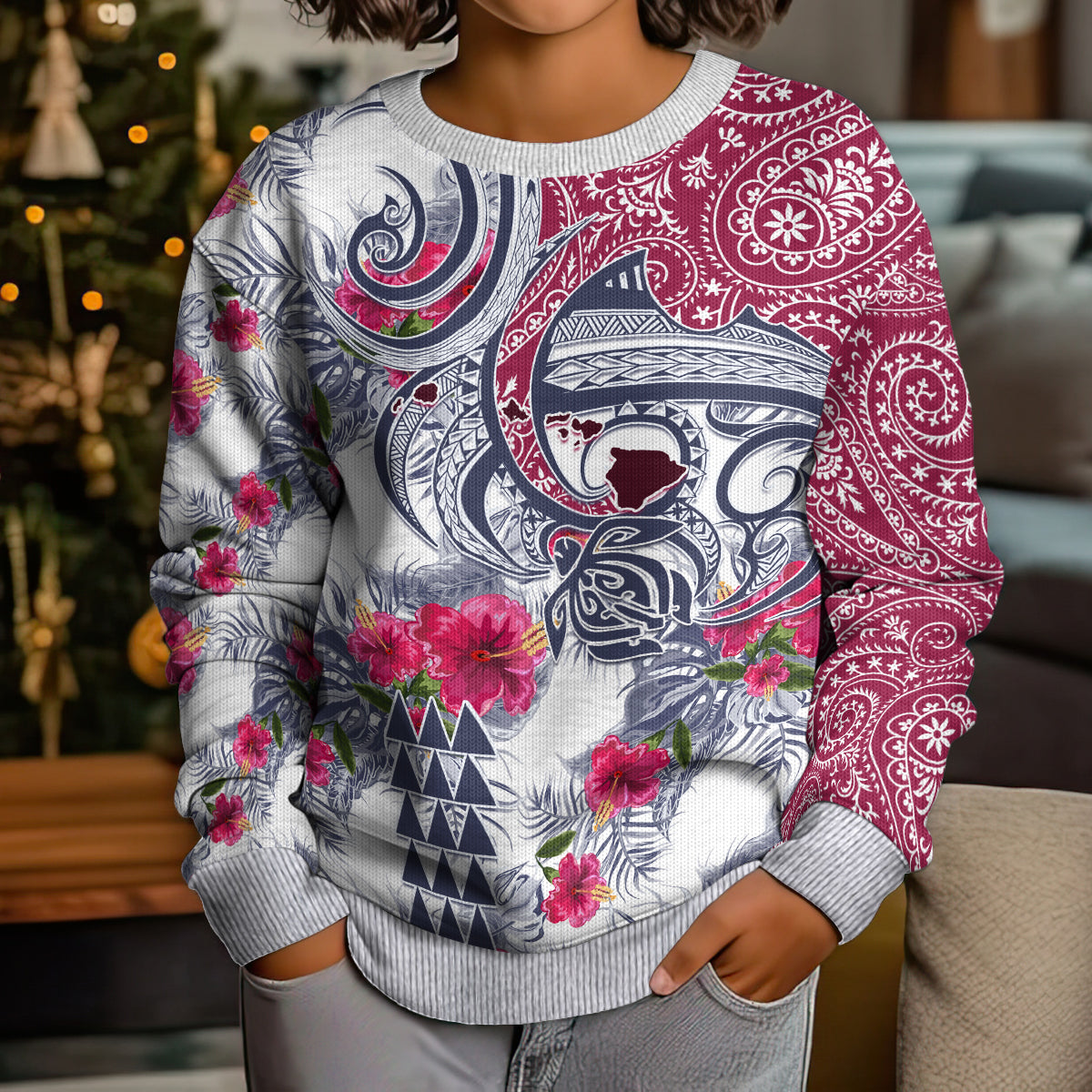 Hawaii Kakau Mix Paisley Pattern Kid Ugly Christmas Sweater Polynesian Tropical Unique Style LT01 - Polynesian Pride