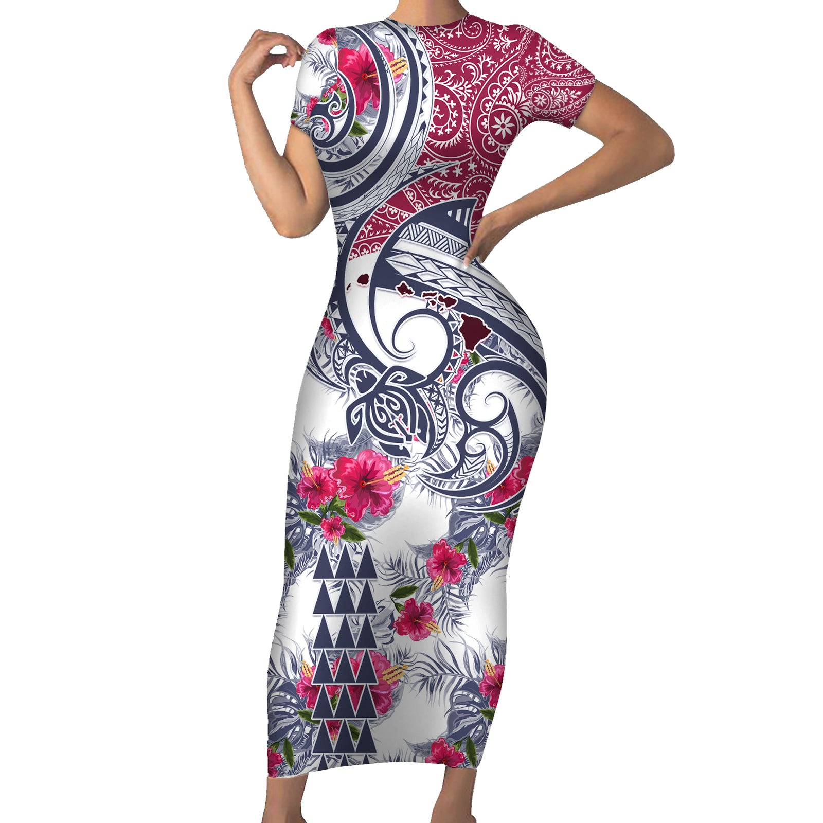 Hawaii Kakau Mix Paisley Pattern Short Sleeve Bodycon Dress Polynesian Tropical Unique Style LT01 Long Dress White - Polynesian Pride