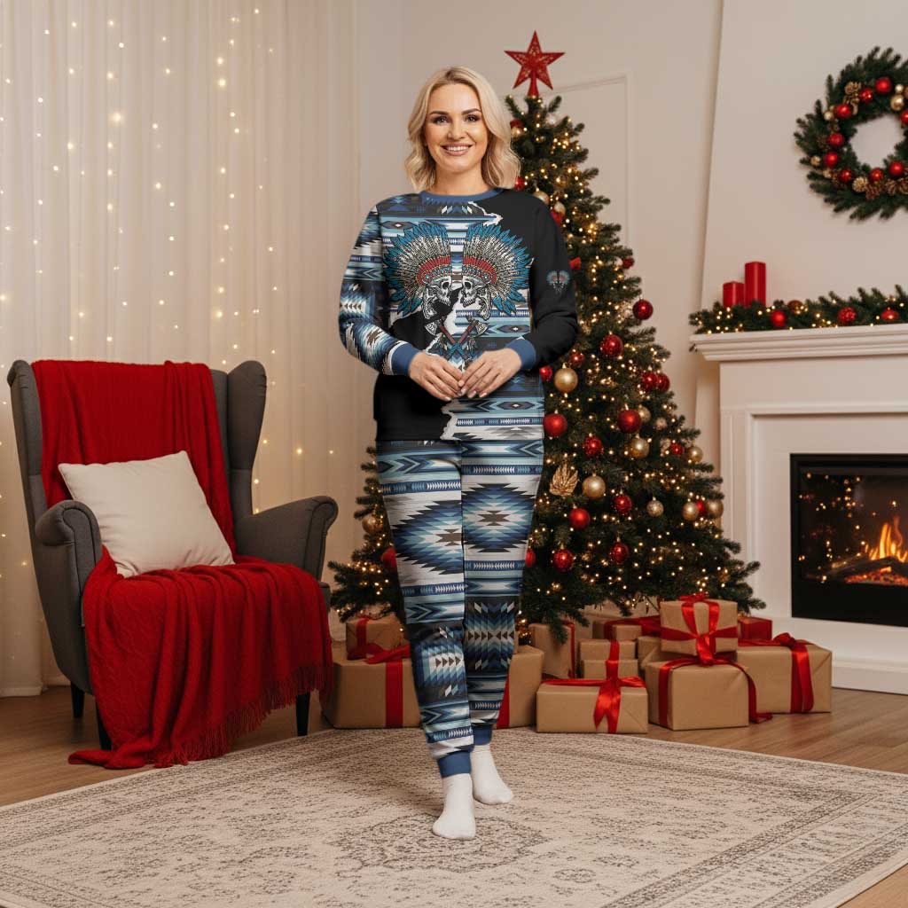 Native American Chief Skull With Axe Christmas Pajama Set LT01 Women Black - Polynesian Pride
