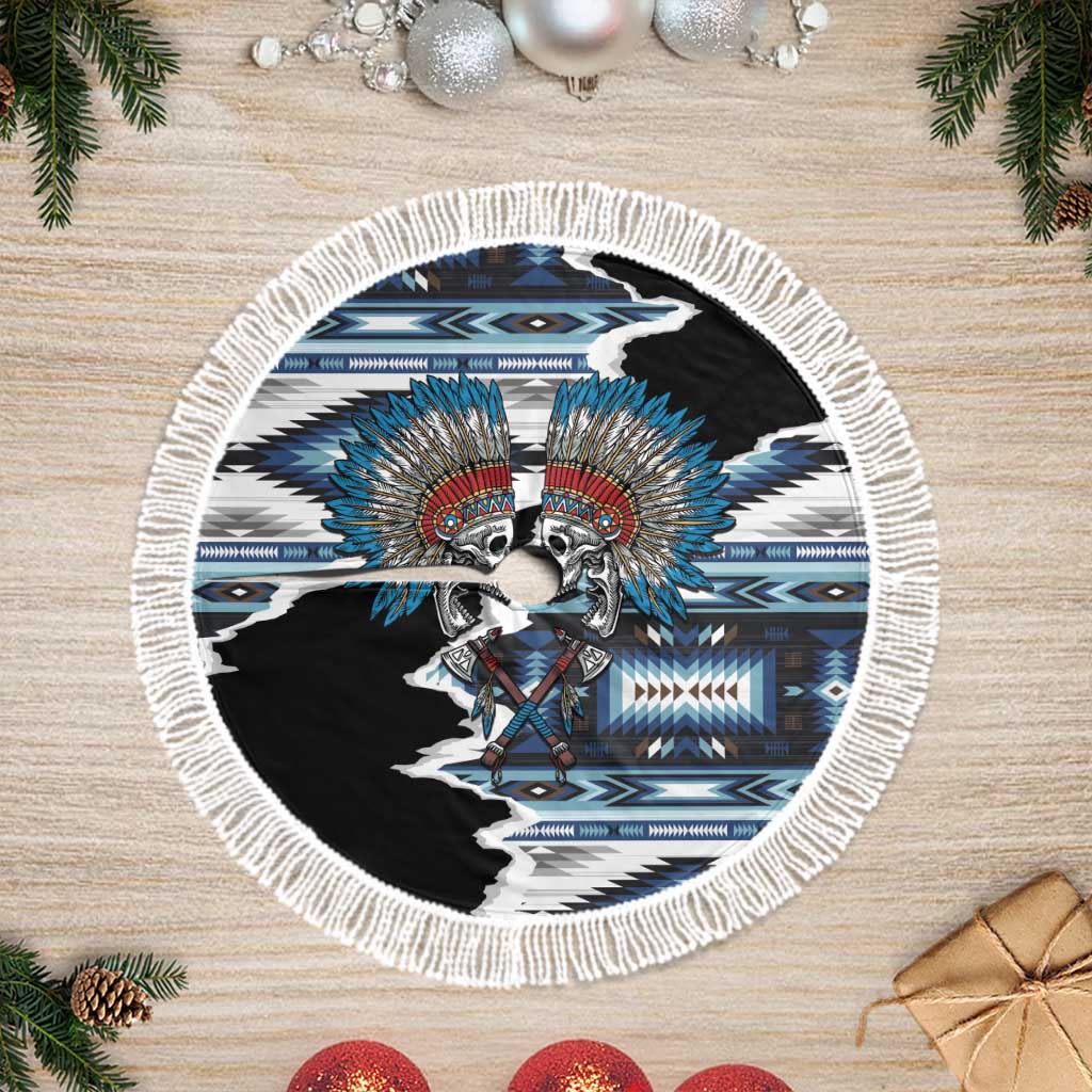 Native American Chief Skull With Axe Tree Skirt LT01 Fringed Black - Polynesian Pride