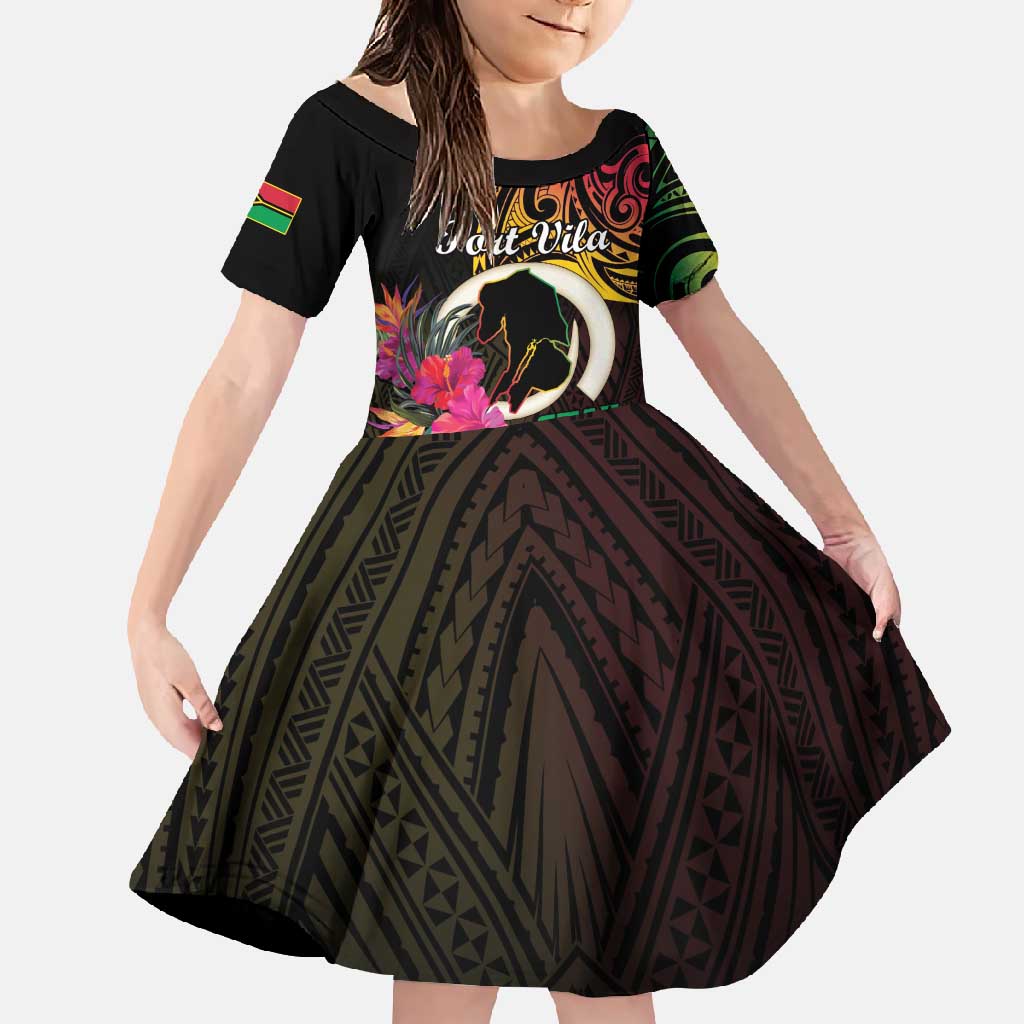 Personalised Vanuatu Port Vila Stay Strong Family Matching Mermaid Dress and Hawaiian Shirt Long God Yumi Stanap LT01 Daughter's Dress Black - Polynesian Pride