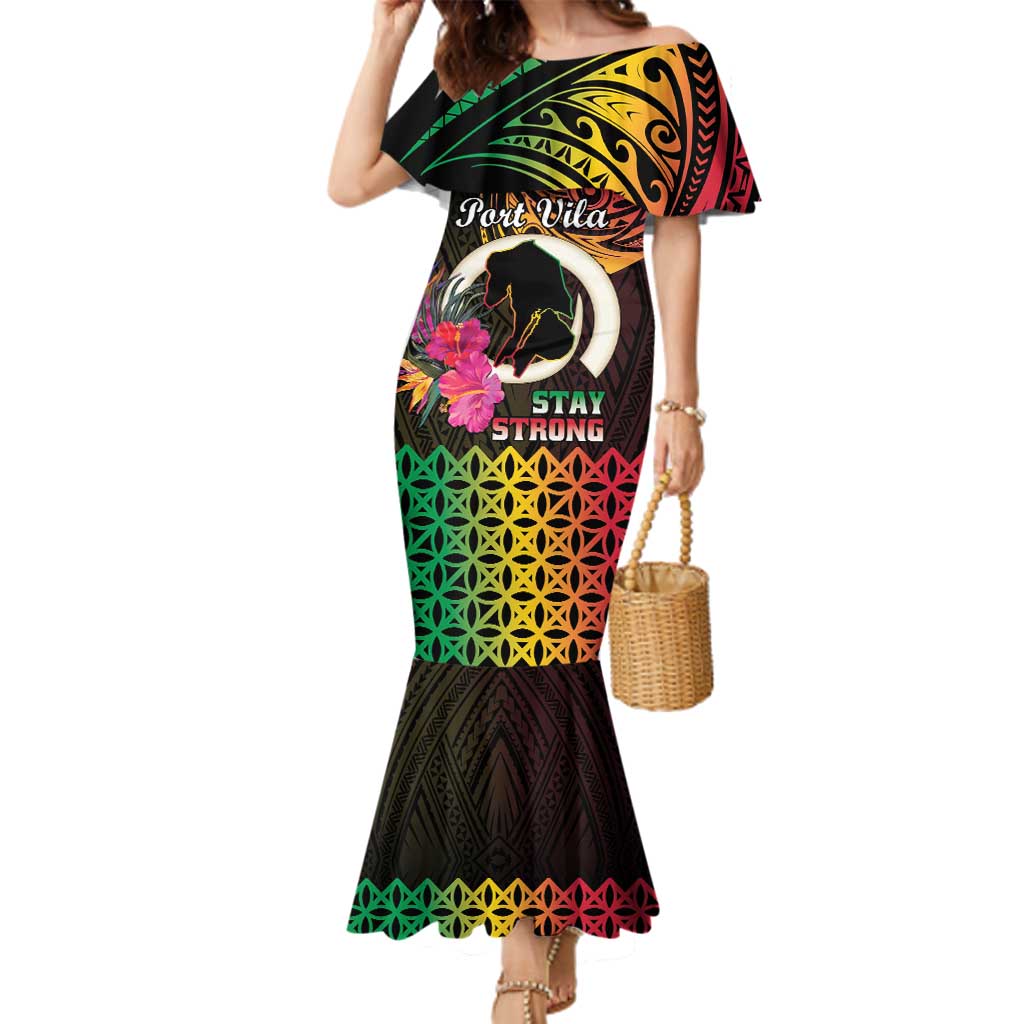 Personalised Vanuatu Port Vila Stay Strong Family Matching Mermaid Dress and Hawaiian Shirt Long God Yumi Stanap LT01 Mom's Dress Black - Polynesian Pride