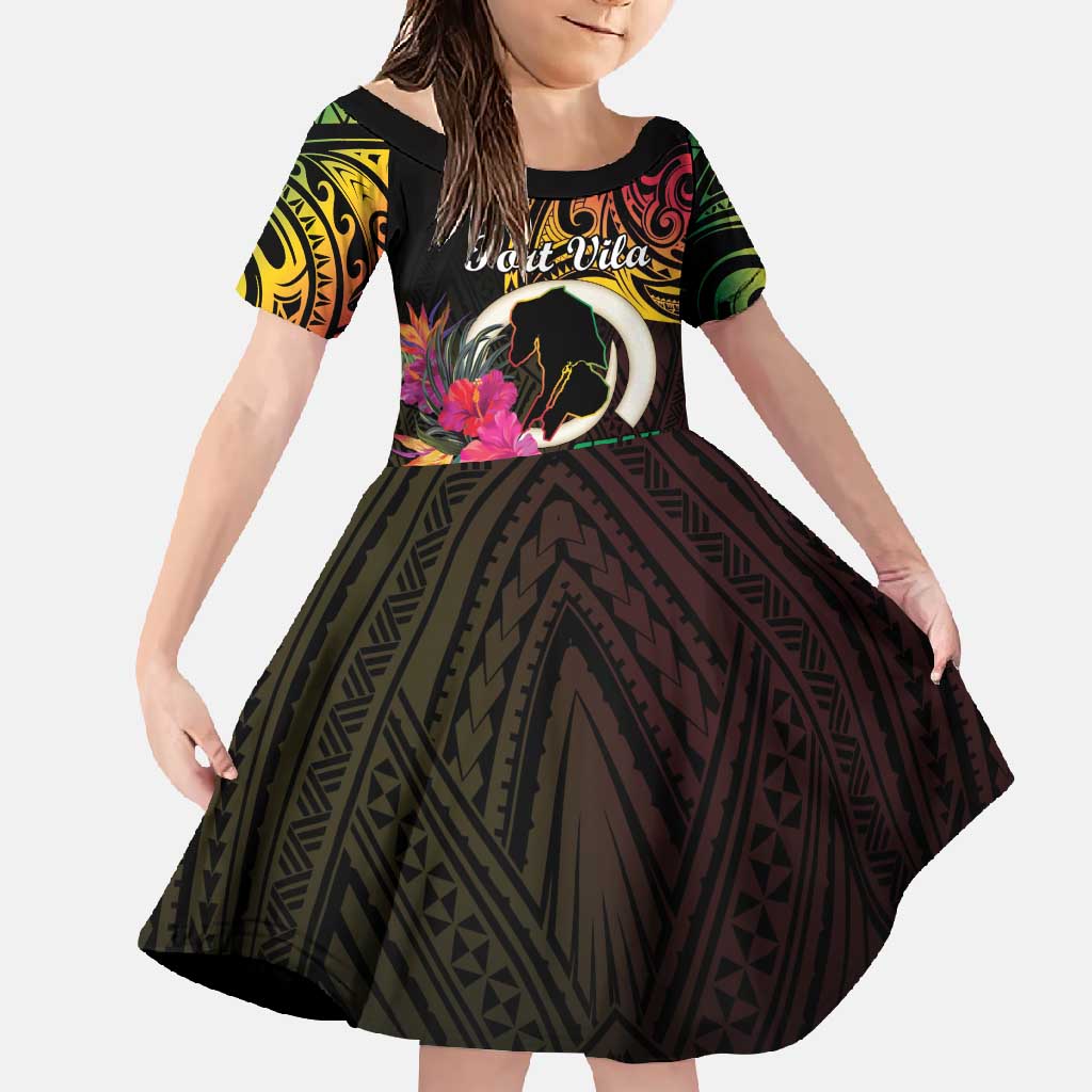 Personalised Vanuatu Port Vila Stay Strong Family Matching Off Shoulder Maxi Dress and Hawaiian Shirt Long God Yumi Stanap LT01 Daughter's Dress Black - Polynesian Pride