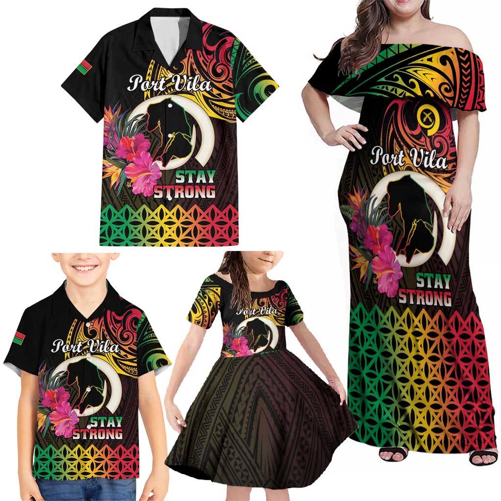 Personalised Vanuatu Port Vila Stay Strong Family Matching Off Shoulder Maxi Dress and Hawaiian Shirt Long God Yumi Stanap LT01 - Polynesian Pride