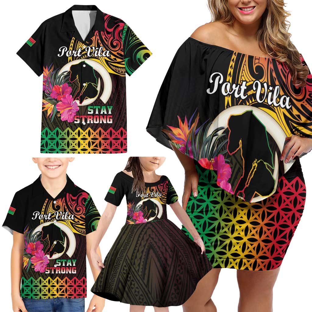 Personalised Vanuatu Port Vila Stay Strong Family Matching Off Shoulder Short Dress and Hawaiian Shirt Long God Yumi Stanap LT01 - Polynesian Pride