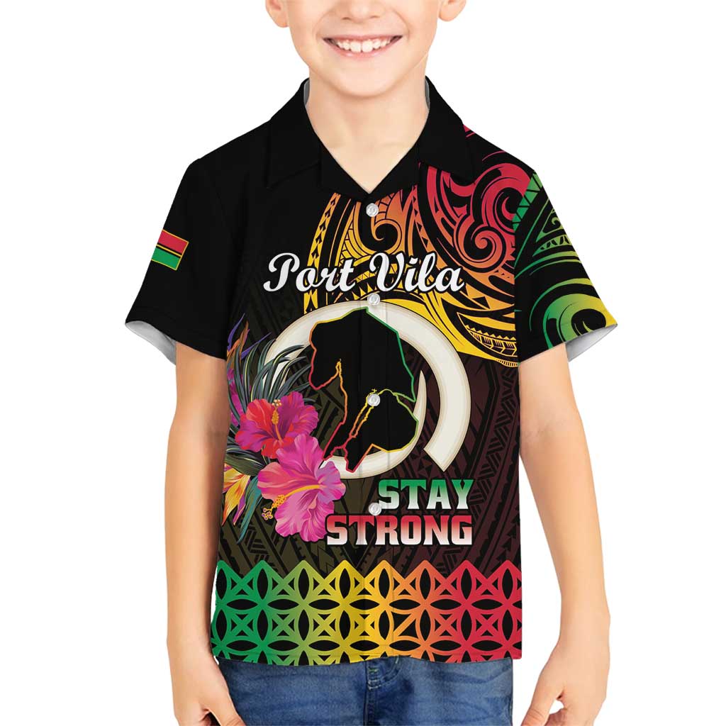 Personalised Vanuatu Port Vila Stay Strong Family Matching Off Shoulder Short Dress and Hawaiian Shirt Long God Yumi Stanap LT01 Son's Shirt Black - Polynesian Pride